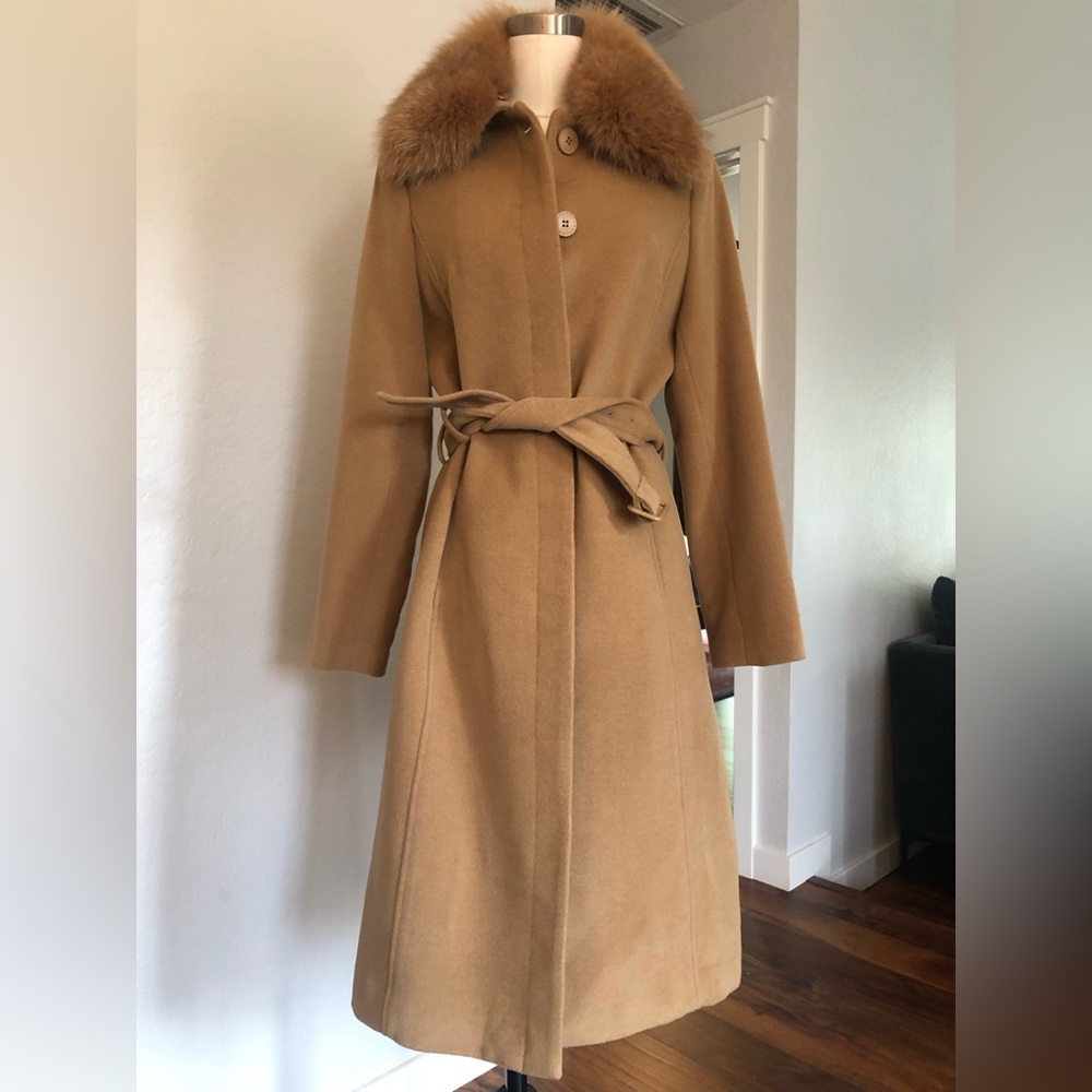 Camel Wool Blend Coat with Real Fur Collar